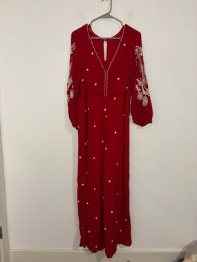 Free People Embroidered V Jumpsuit Red White Boho Wide Leg Festival  Folk Sz L